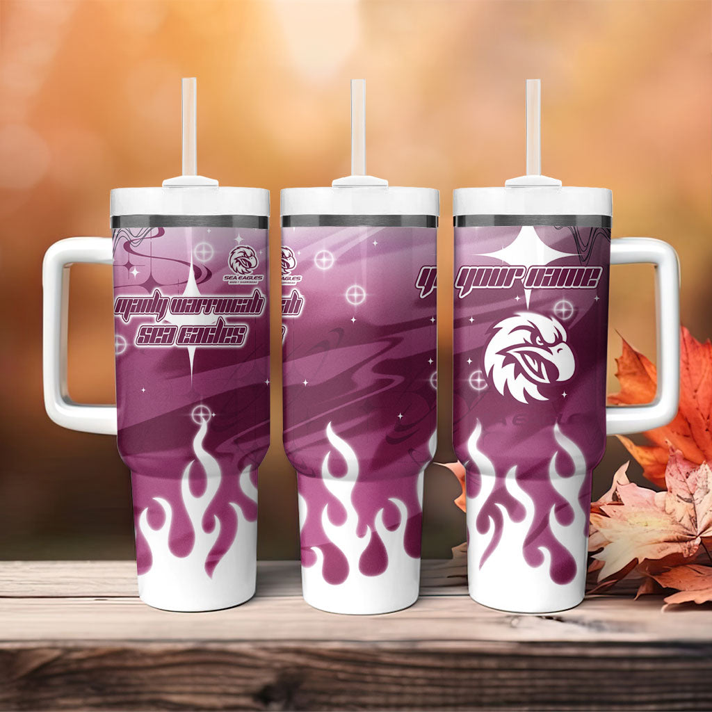Personalized Manly Warringah Sea Eagles Tumbler With Handle Y2K Grunge Aesthetic With Cyber Flames and Starburst Graphics