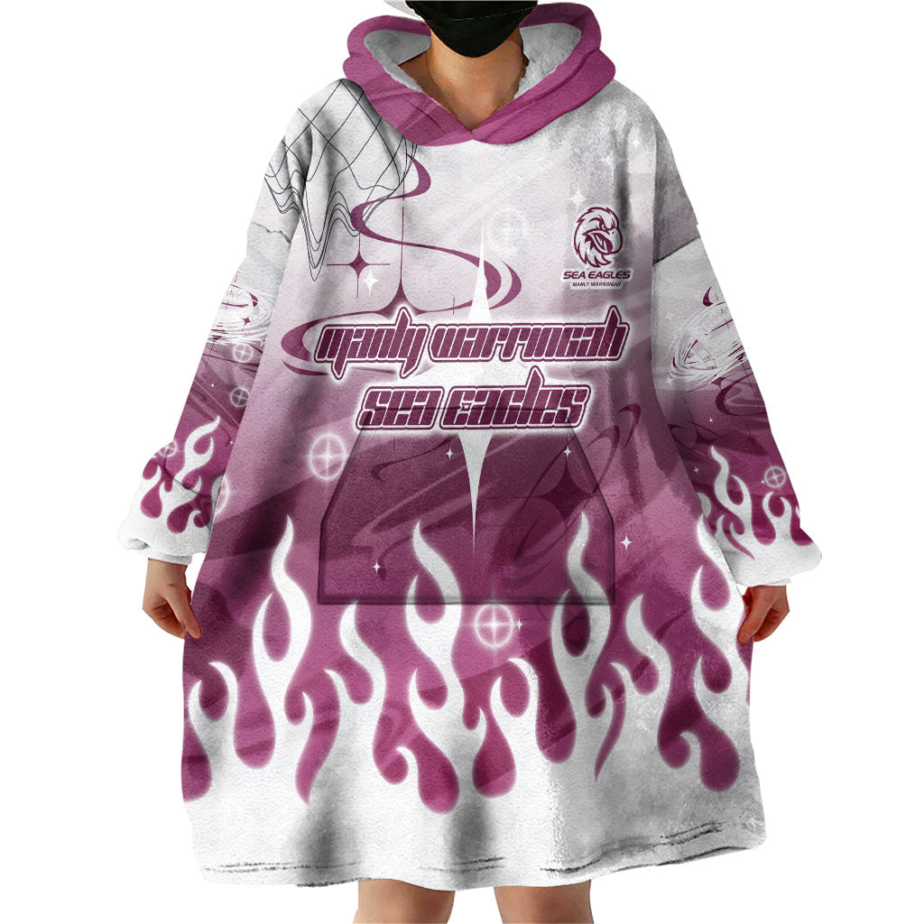 Personalized Manly Warringah Sea Eagles Wearable Blanket Hoodie Y2K Grunge Aesthetic With Cyber Flames and Starburst Graphics