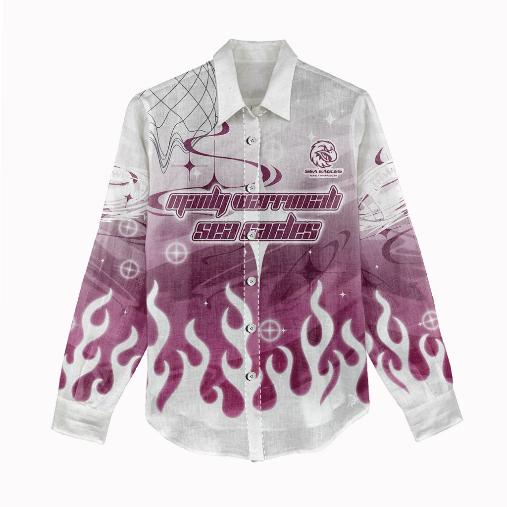 Personalized Manly Warringah Sea Eagles Women Casual Shirt Y2K Grunge Aesthetic With Cyber Flames and Starburst Graphics