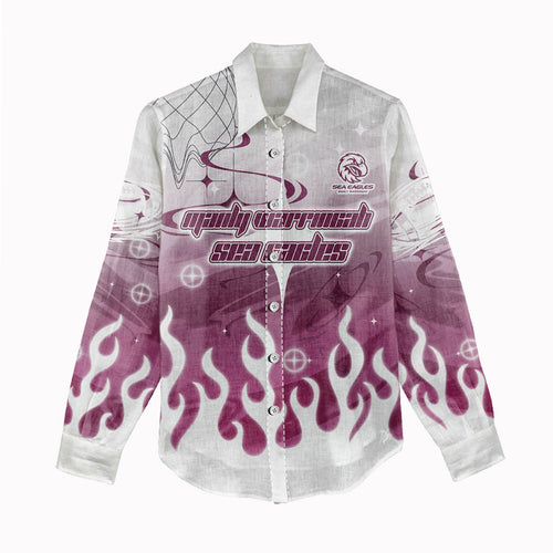 Personalized Manly Warringah Sea Eagles Women Casual Shirt Y2K Grunge Aesthetic With Cyber Flames and Starburst Graphics