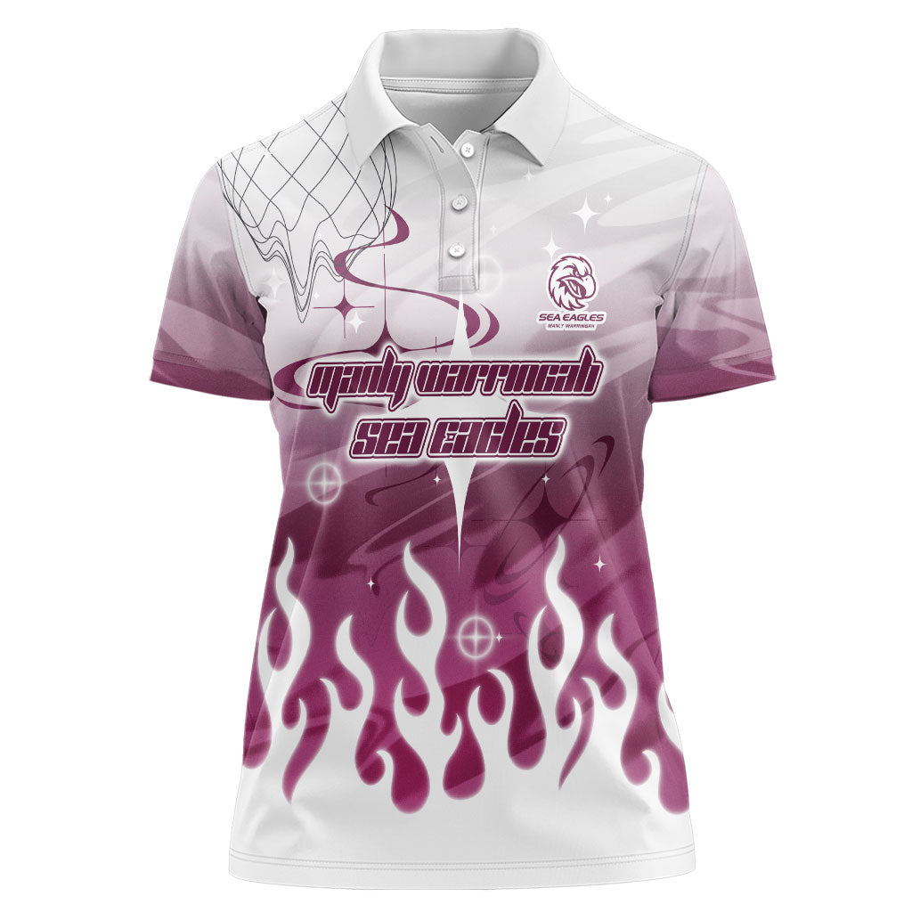 Personalized Manly Warringah Sea Eagles Women Polo Shirt Y2K Grunge Aesthetic With Cyber Flames and Starburst Graphics