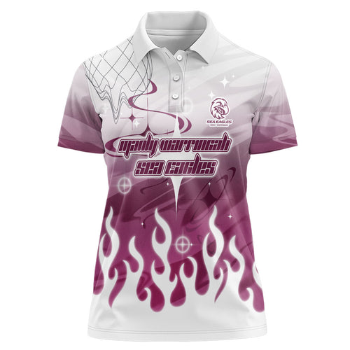 Personalized Manly Warringah Sea Eagles Women Polo Shirt Y2K Grunge Aesthetic With Cyber Flames and Starburst Graphics