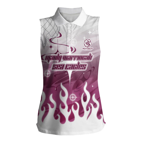 Personalized Manly Warringah Sea Eagles Women Sleeveless Polo Shirt Y2K Grunge Aesthetic With Cyber Flames and Starburst Graphics