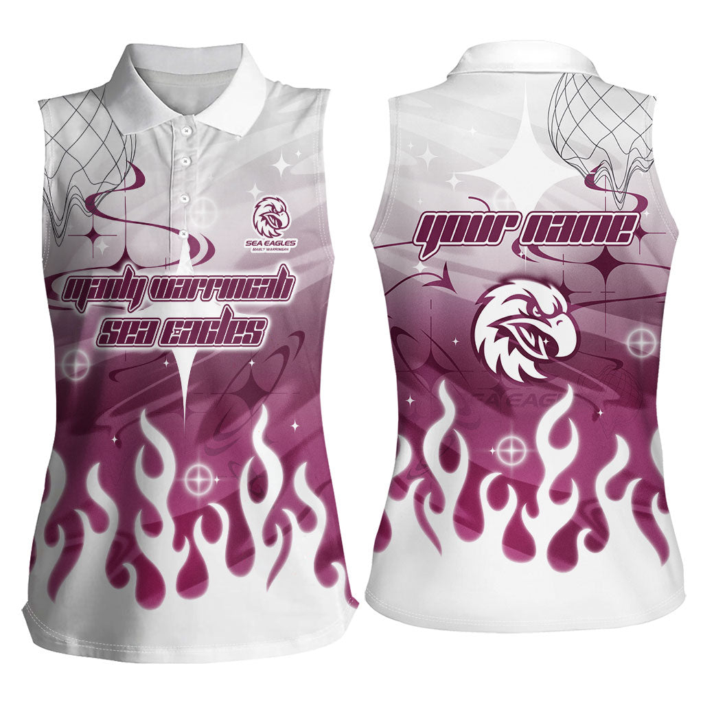 Personalized Manly Warringah Sea Eagles Women Sleeveless Polo Shirt Y2K Grunge Aesthetic With Cyber Flames and Starburst Graphics