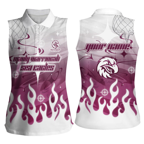 Personalized Manly Warringah Sea Eagles Women Sleeveless Polo Shirt Y2K Grunge Aesthetic With Cyber Flames and Starburst Graphics