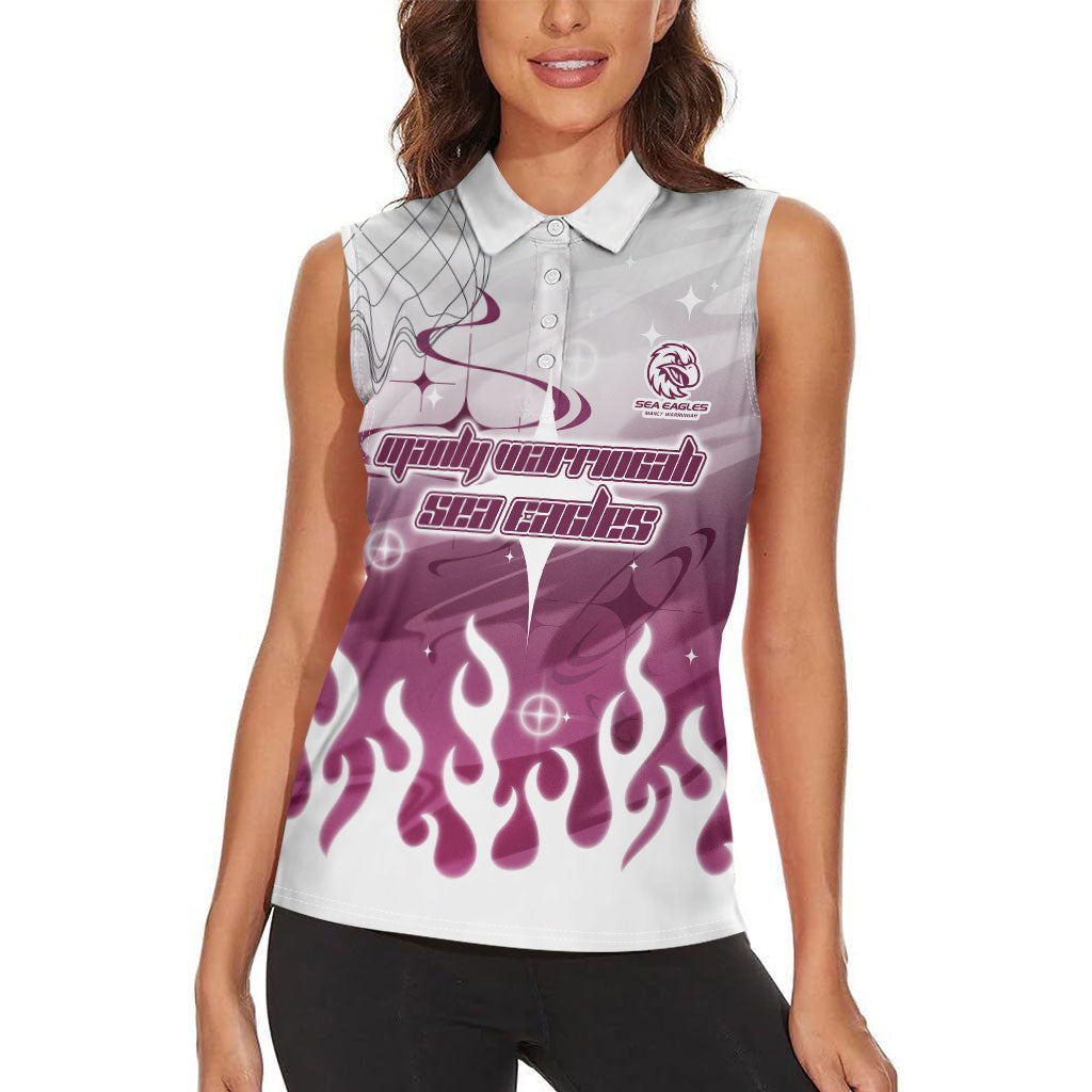 Personalized Manly Warringah Sea Eagles Women Sleeveless Polo Shirt Y2K Grunge Aesthetic With Cyber Flames and Starburst Graphics