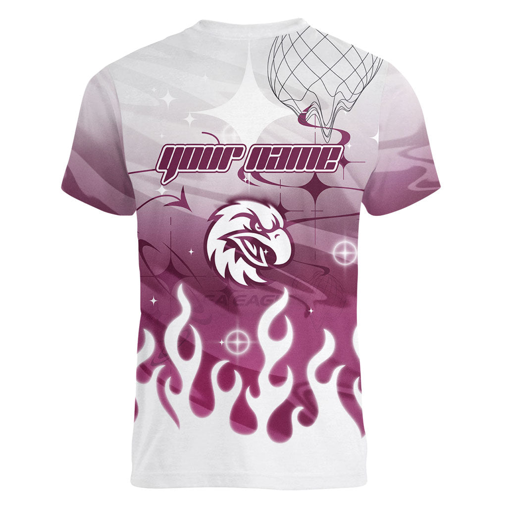 Personalized Manly Warringah Sea Eagles Women V-Neck T-Shirt Y2K Grunge Aesthetic With Cyber Flames and Starburst Graphics