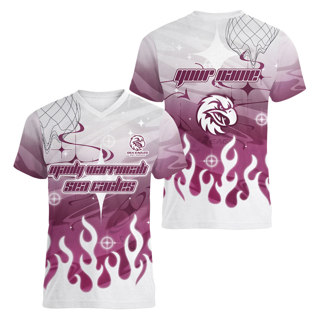 Personalized Manly Warringah Sea Eagles Women V-Neck T-Shirt Y2K Grunge Aesthetic With Cyber Flames and Starburst Graphics
