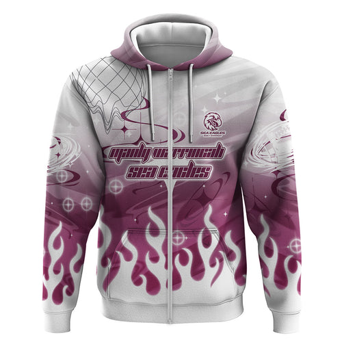 Personalized Manly Warringah Sea Eagles Zip Hoodie Y2K Grunge Aesthetic With Cyber Flames and Starburst Graphics