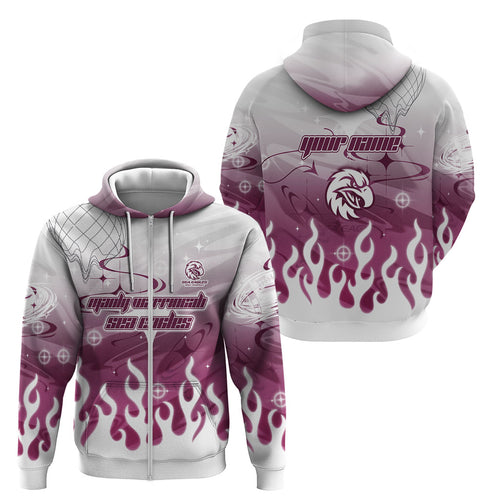 Personalized Manly Warringah Sea Eagles Zip Hoodie Y2K Grunge Aesthetic With Cyber Flames and Starburst Graphics