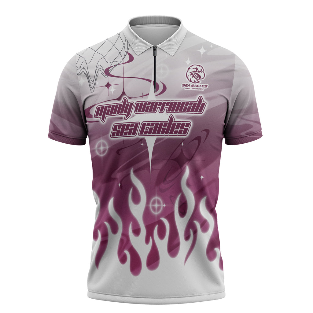 Personalized Manly Warringah Sea Eagles Zipper Polo Shirt Y2K Grunge Aesthetic With Cyber Flames and Starburst Graphics