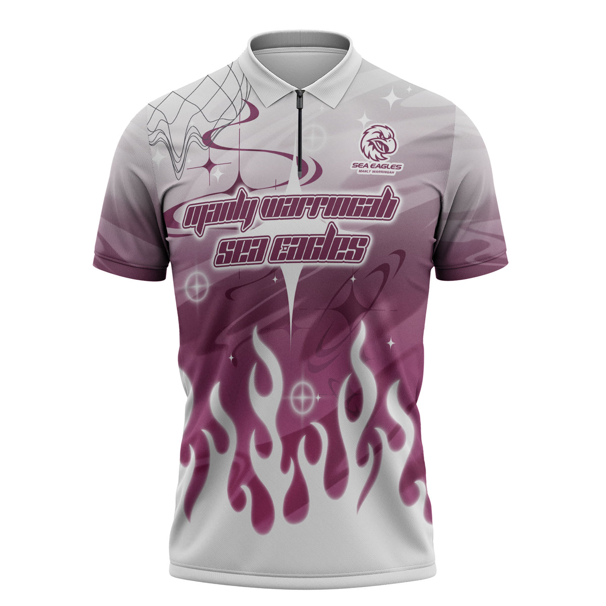Personalized Manly Warringah Sea Eagles Zipper Polo Shirt Y2K Grunge Aesthetic With Cyber Flames and Starburst Graphics