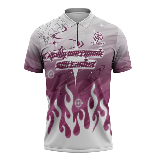 Personalized Manly Warringah Sea Eagles Zipper Polo Shirt Y2K Grunge Aesthetic With Cyber Flames and Starburst Graphics