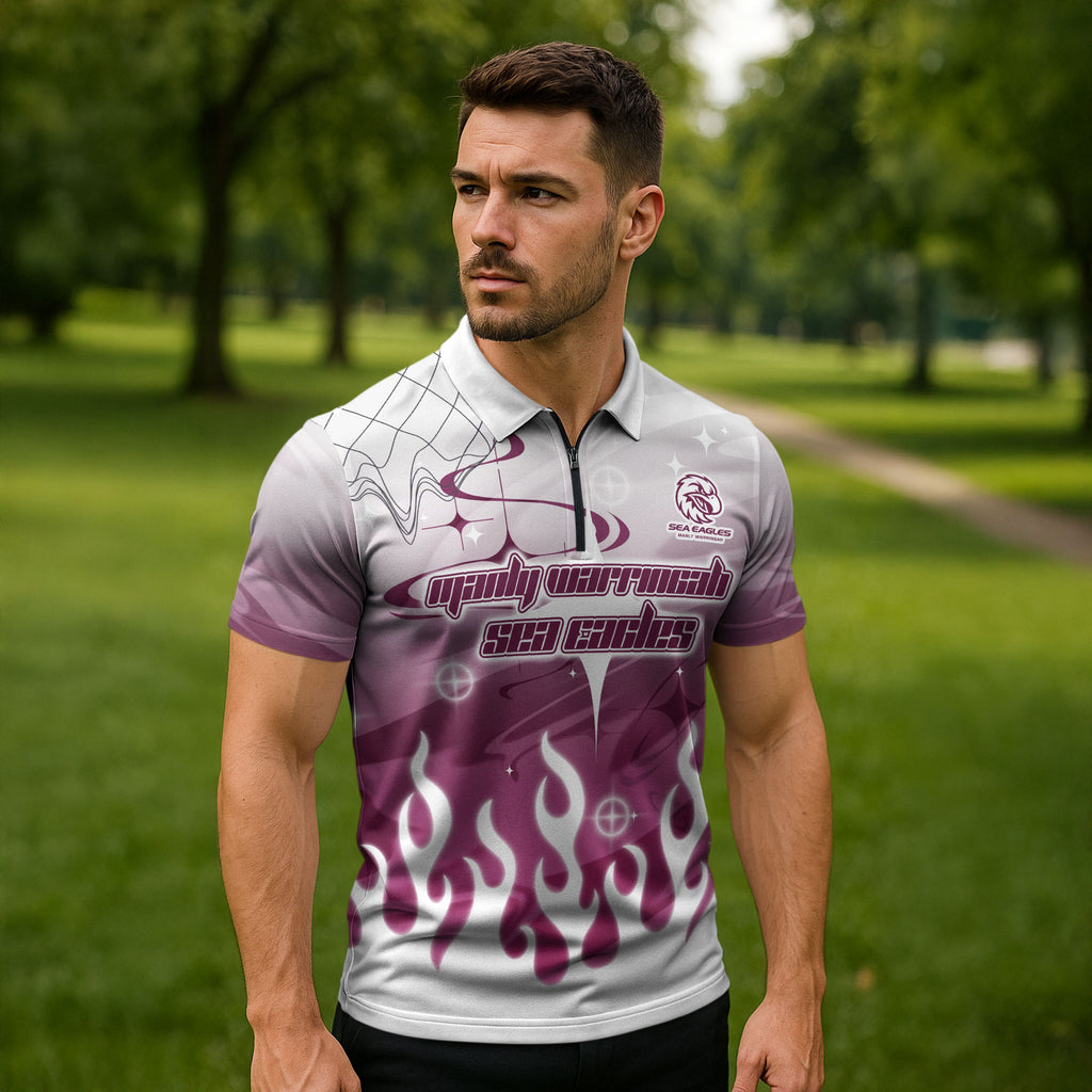 Personalized Manly Warringah Sea Eagles Zipper Polo Shirt Y2K Grunge Aesthetic With Cyber Flames and Starburst Graphics