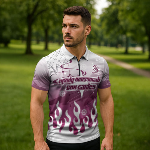 Personalized Manly Warringah Sea Eagles Zipper Polo Shirt Y2K Grunge Aesthetic With Cyber Flames and Starburst Graphics