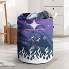 Personalized Melbourne Storm Laundry Basket Y2K Grunge Aesthetic With Cyber Flames and Starburst Graphics
