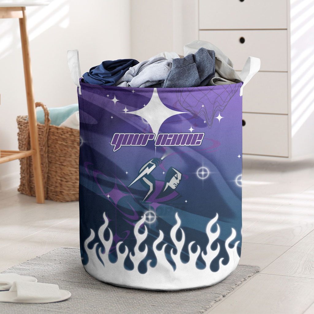 Personalized Melbourne Storm Laundry Basket Y2K Grunge Aesthetic With Cyber Flames and Starburst Graphics