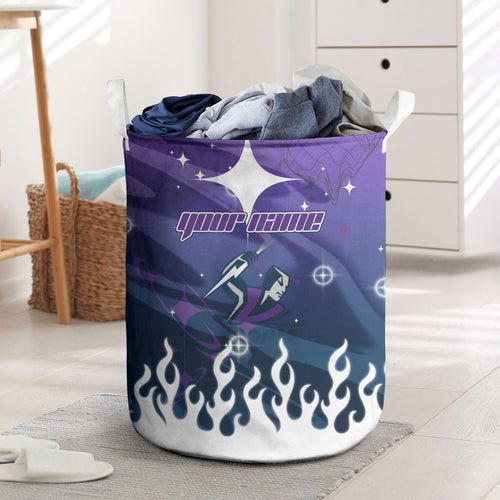 Personalized Melbourne Storm Laundry Basket Y2K Grunge Aesthetic With Cyber Flames and Starburst Graphics