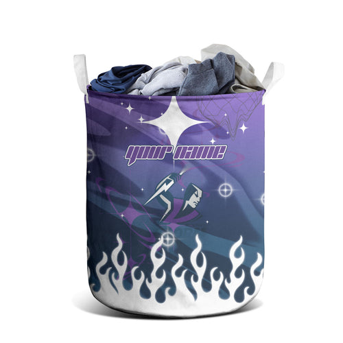Personalized Melbourne Storm Laundry Basket Y2K Grunge Aesthetic With Cyber Flames and Starburst Graphics