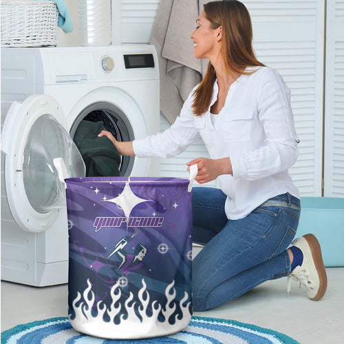 Personalized Melbourne Storm Laundry Basket Y2K Grunge Aesthetic With Cyber Flames and Starburst Graphics