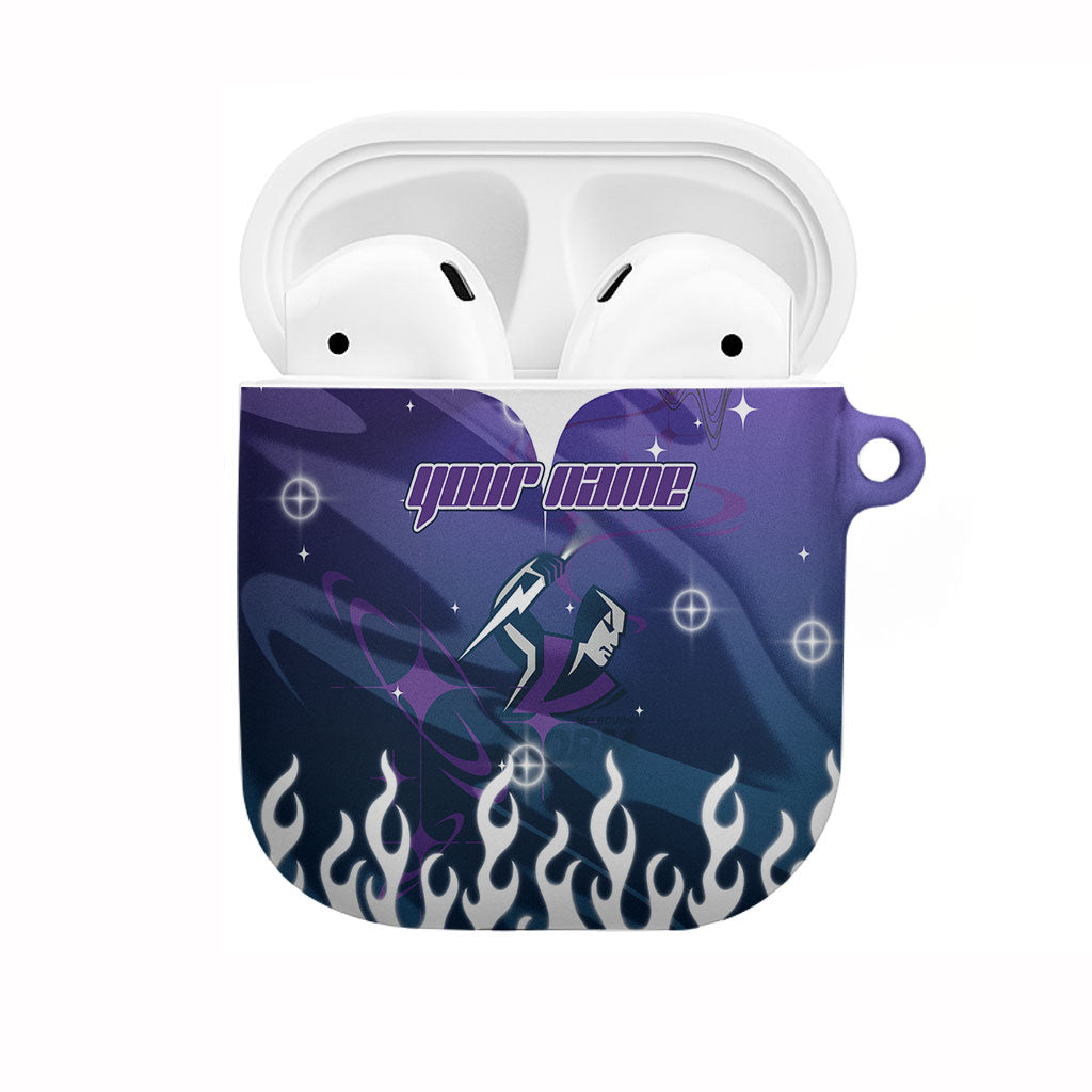 Personalized Melbourne Storm AirPods Case Y2K Grunge Aesthetic With Cyber Flames and Starburst Graphics