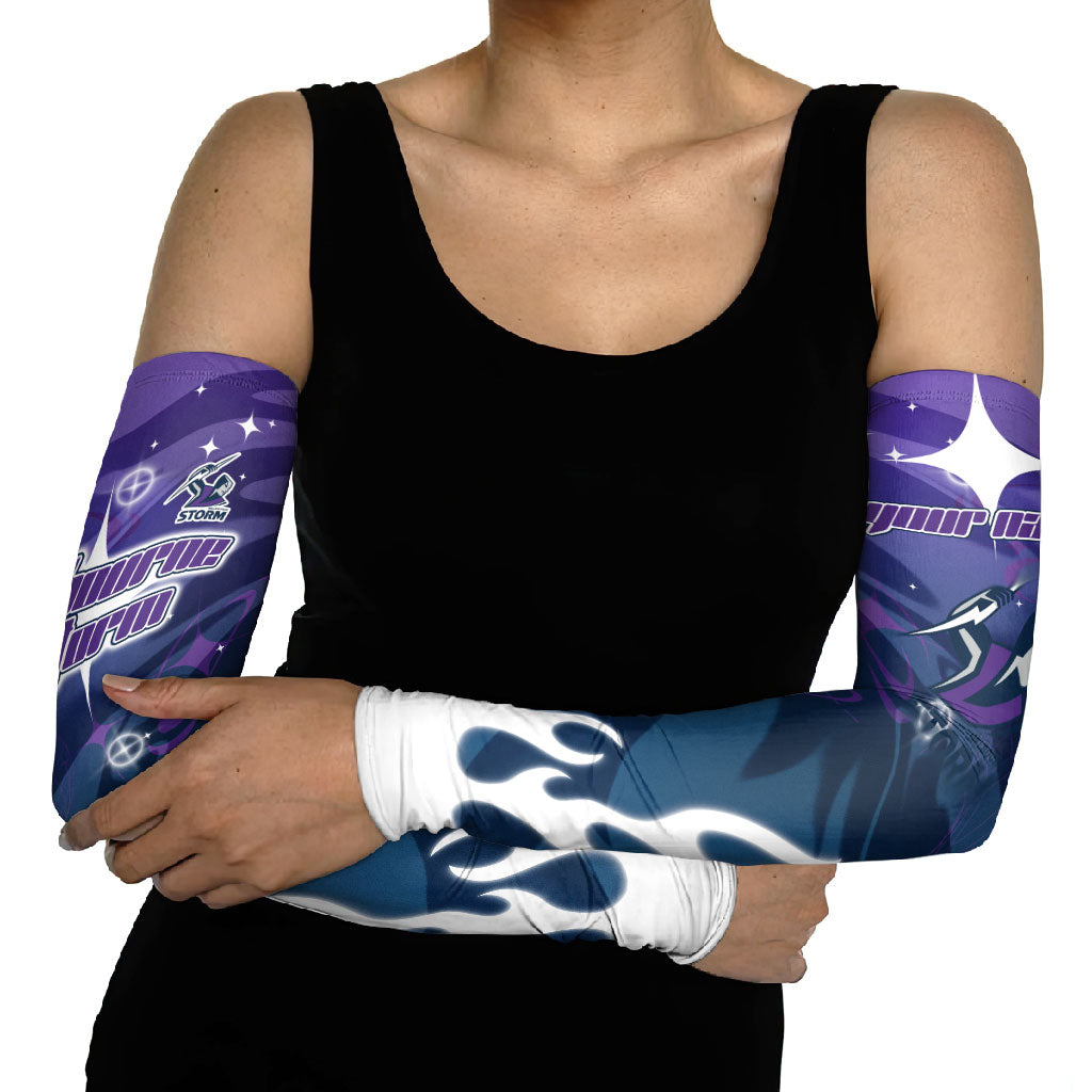 Personalized Melbourne Storm Arm Sleeves Y2K Grunge Aesthetic With Cyber Flames and Starburst Graphics