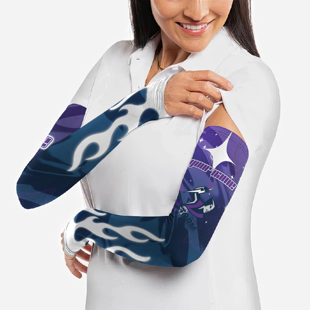 Personalized Melbourne Storm Arm Sleeves Y2K Grunge Aesthetic With Cyber Flames and Starburst Graphics