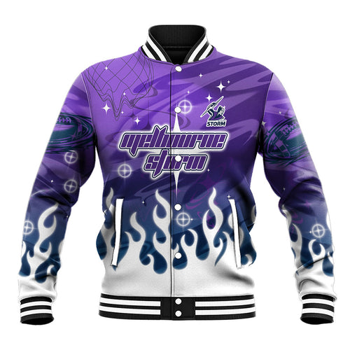 Personalized Melbourne Storm Baseball Jacket Y2K Grunge Aesthetic With Cyber Flames and Starburst Graphics