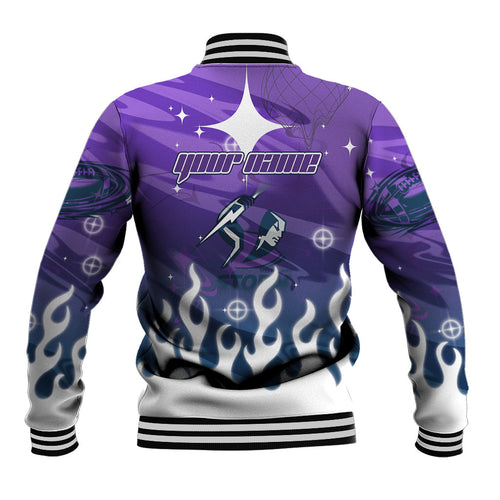 Personalized Melbourne Storm Baseball Jacket Y2K Grunge Aesthetic With Cyber Flames and Starburst Graphics
