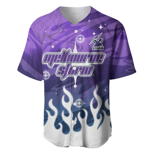 Personalized Melbourne Storm Baseball Jersey Y2K Grunge Aesthetic With Cyber Flames and Starburst Graphics