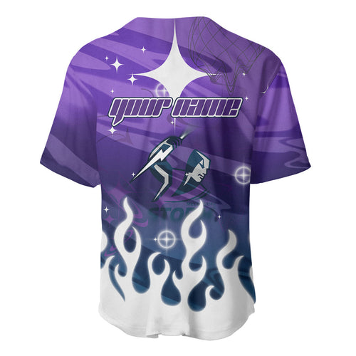 Personalized Melbourne Storm Baseball Jersey Y2K Grunge Aesthetic With Cyber Flames and Starburst Graphics