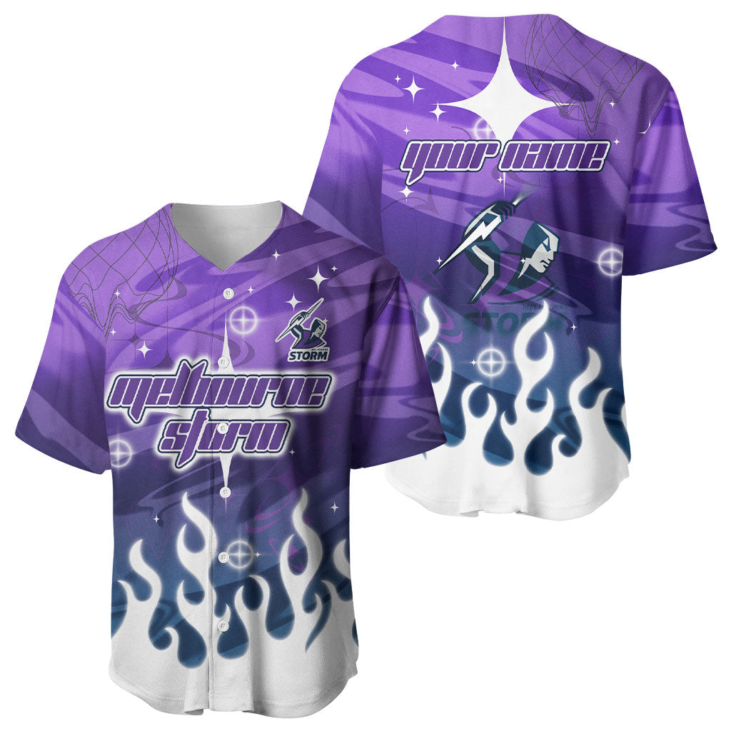 Personalized Melbourne Storm Baseball Jersey Y2K Grunge Aesthetic With Cyber Flames and Starburst Graphics