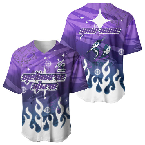 Personalized Melbourne Storm Baseball Jersey Y2K Grunge Aesthetic With Cyber Flames and Starburst Graphics