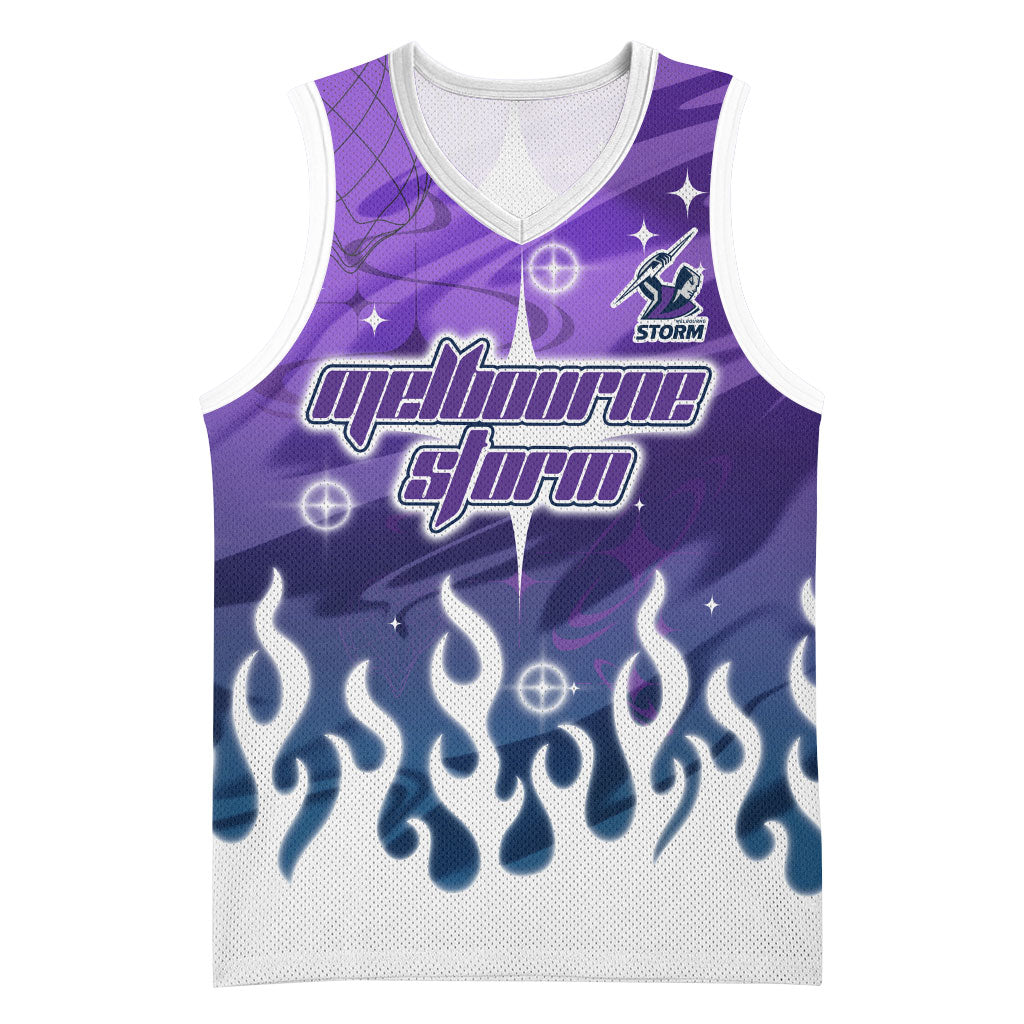 Personalized Melbourne Storm Basketball Jersey Y2K Grunge Aesthetic With Cyber Flames and Starburst Graphics