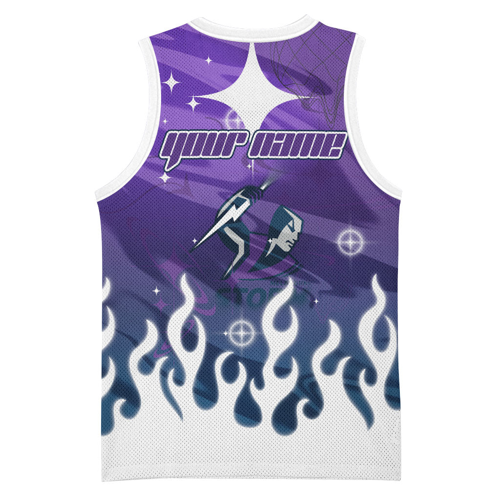 Personalized Melbourne Storm Basketball Jersey Y2K Grunge Aesthetic With Cyber Flames and Starburst Graphics