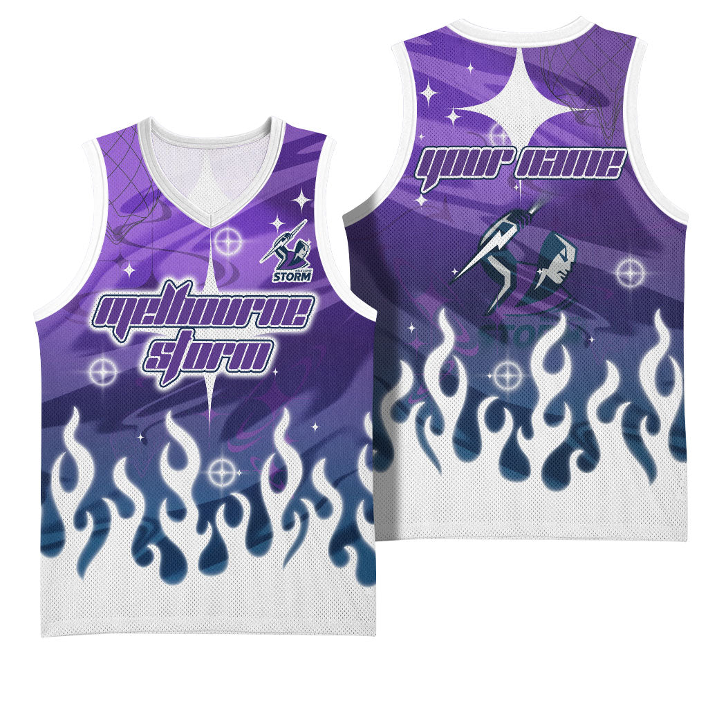 Personalized Melbourne Storm Basketball Jersey Y2K Grunge Aesthetic With Cyber Flames and Starburst Graphics