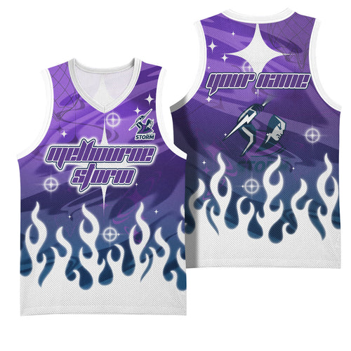 Personalized Melbourne Storm Basketball Jersey Y2K Grunge Aesthetic With Cyber Flames and Starburst Graphics