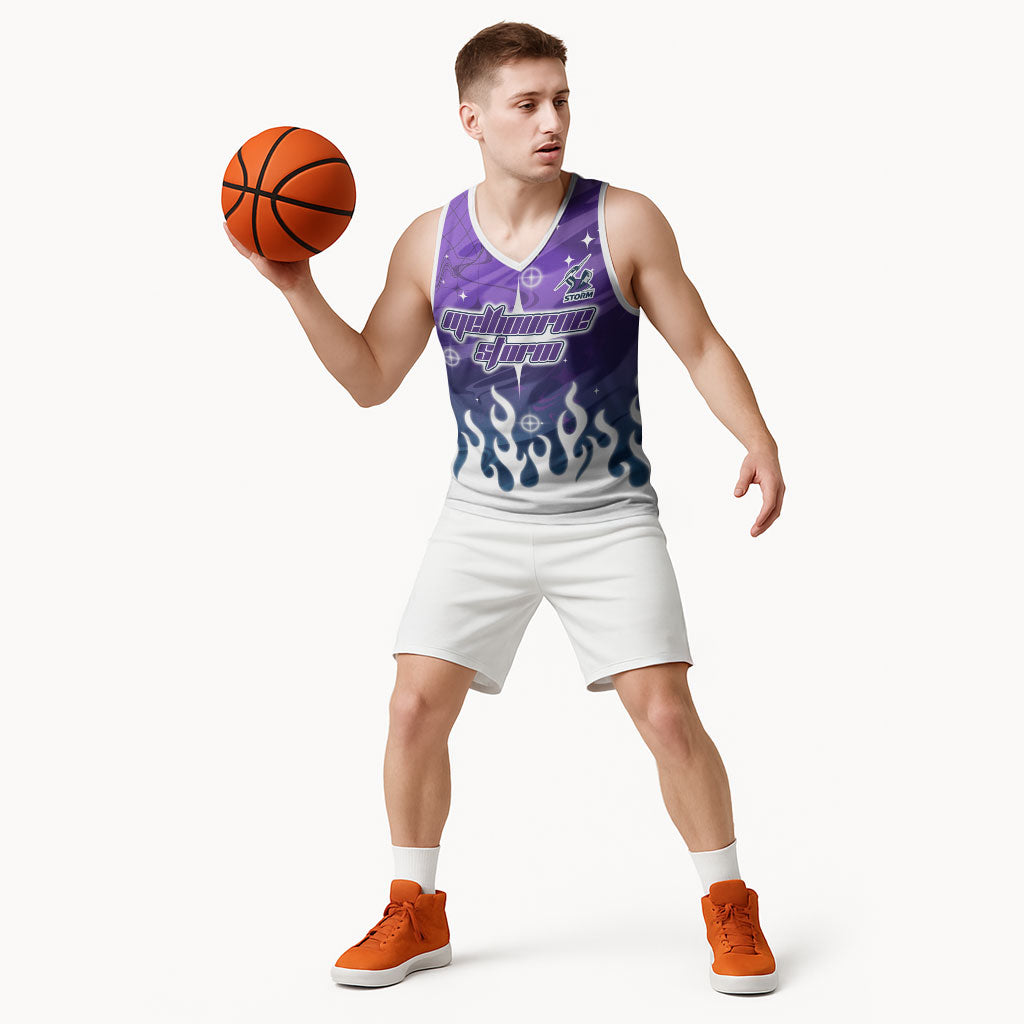 Personalized Melbourne Storm Basketball Jersey Y2K Grunge Aesthetic With Cyber Flames and Starburst Graphics