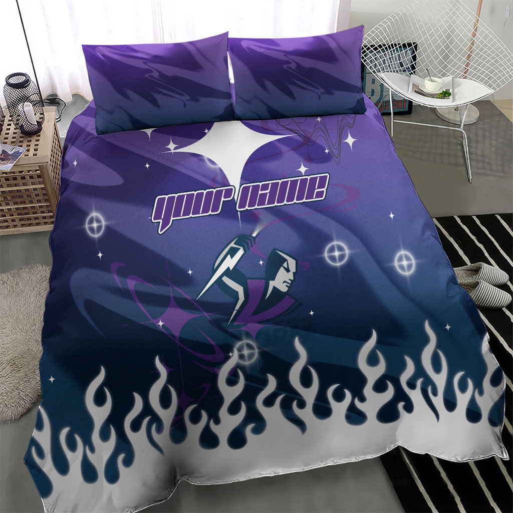 Personalized Melbourne Storm Bedding Set Y2K Grunge Aesthetic With Cyber Flames and Starburst Graphics