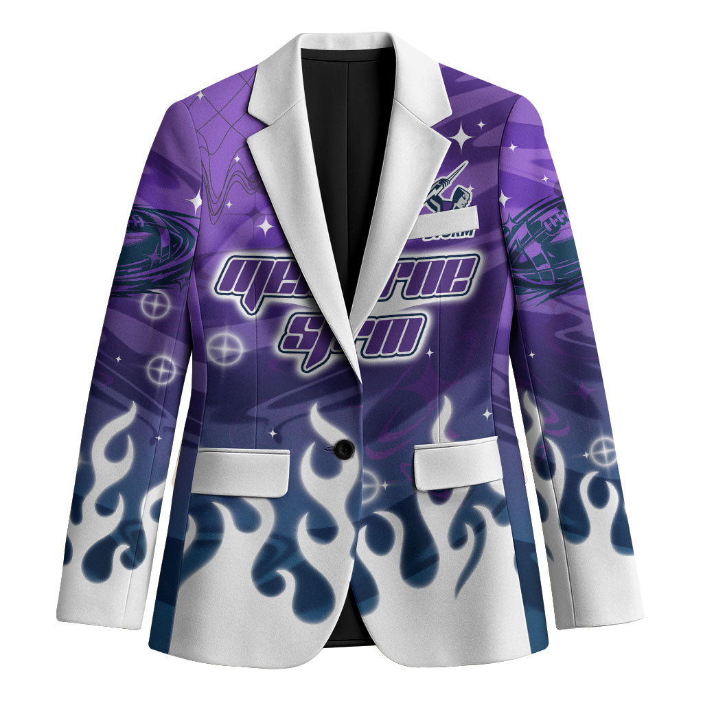 Personalized Melbourne Storm Blazer Y2K Grunge Aesthetic With Cyber Flames and Starburst Graphics