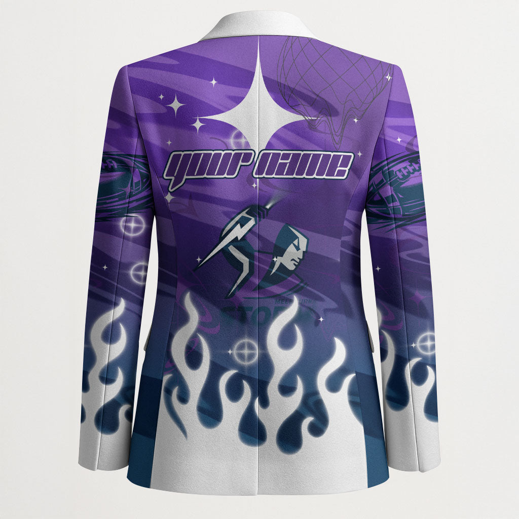 Personalized Melbourne Storm Blazer Y2K Grunge Aesthetic With Cyber Flames and Starburst Graphics