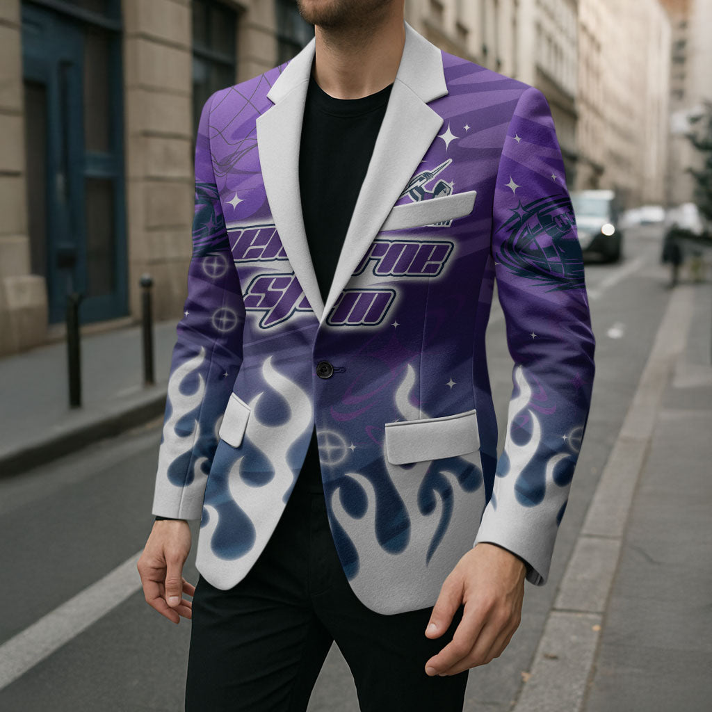 Personalized Melbourne Storm Blazer Y2K Grunge Aesthetic With Cyber Flames and Starburst Graphics