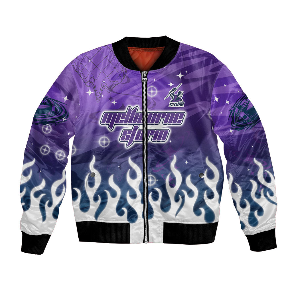 Personalized Melbourne Storm Bomber Jacket Y2K Grunge Aesthetic With Cyber Flames and Starburst Graphics