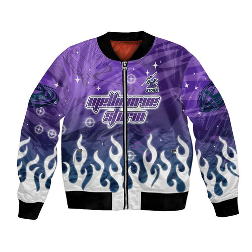 Personalized Melbourne Storm Bomber Jacket Y2K Grunge Aesthetic With Cyber Flames and Starburst Graphics