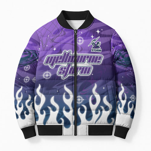 Personalized Melbourne Storm Bomber Puffer Jacket Y2K Grunge Aesthetic With Cyber Flames and Starburst Graphics