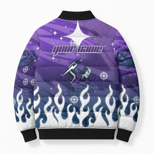 Personalized Melbourne Storm Bomber Puffer Jacket Y2K Grunge Aesthetic With Cyber Flames and Starburst Graphics