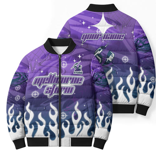 Personalized Melbourne Storm Bomber Puffer Jacket Y2K Grunge Aesthetic With Cyber Flames and Starburst Graphics
