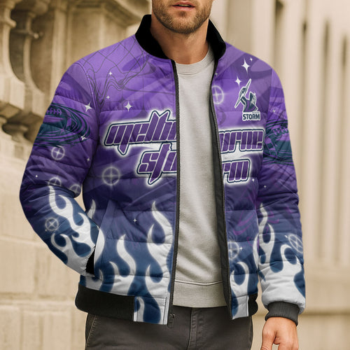 Personalized Melbourne Storm Bomber Puffer Jacket Y2K Grunge Aesthetic With Cyber Flames and Starburst Graphics