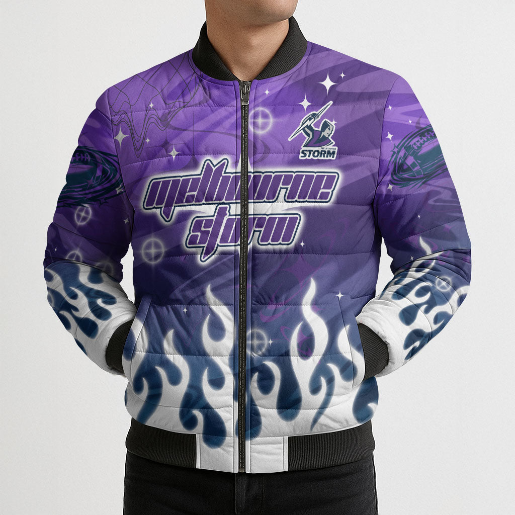 Personalized Melbourne Storm Bomber Puffer Jacket Y2K Grunge Aesthetic With Cyber Flames and Starburst Graphics