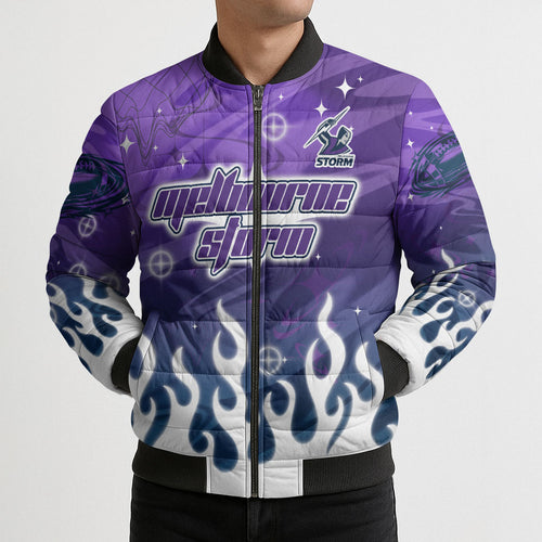Personalized Melbourne Storm Bomber Puffer Jacket Y2K Grunge Aesthetic With Cyber Flames and Starburst Graphics